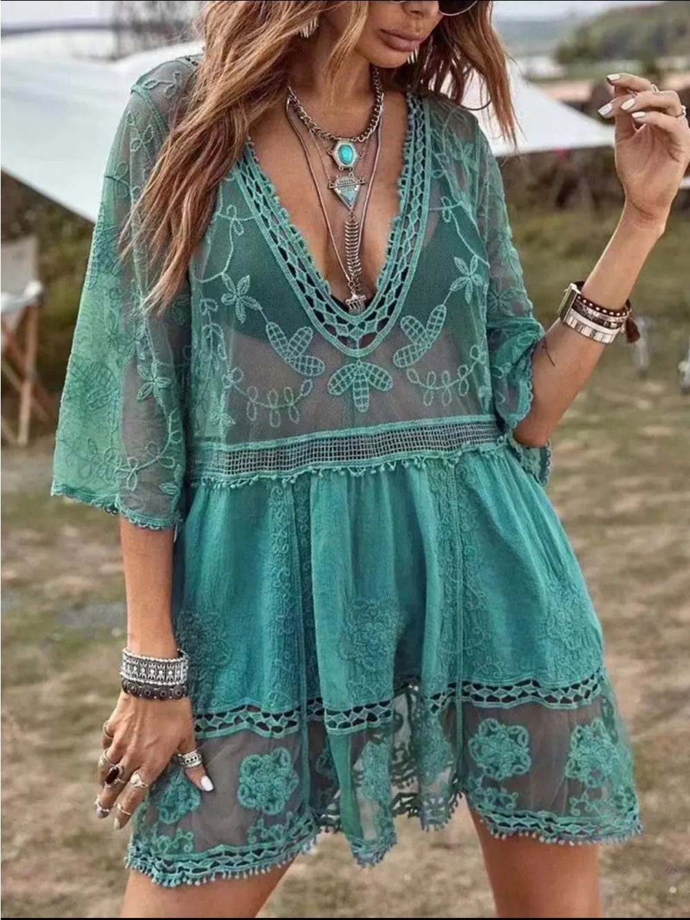 ❤️ NEW! Green Boho Stretch Lace Sheer V Neck Flowy Festival Tunic